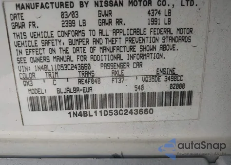 2003 Nissan Altima 3.5 Se z USA, uszkodzony, nr VIN 1N4BL11D53C243660